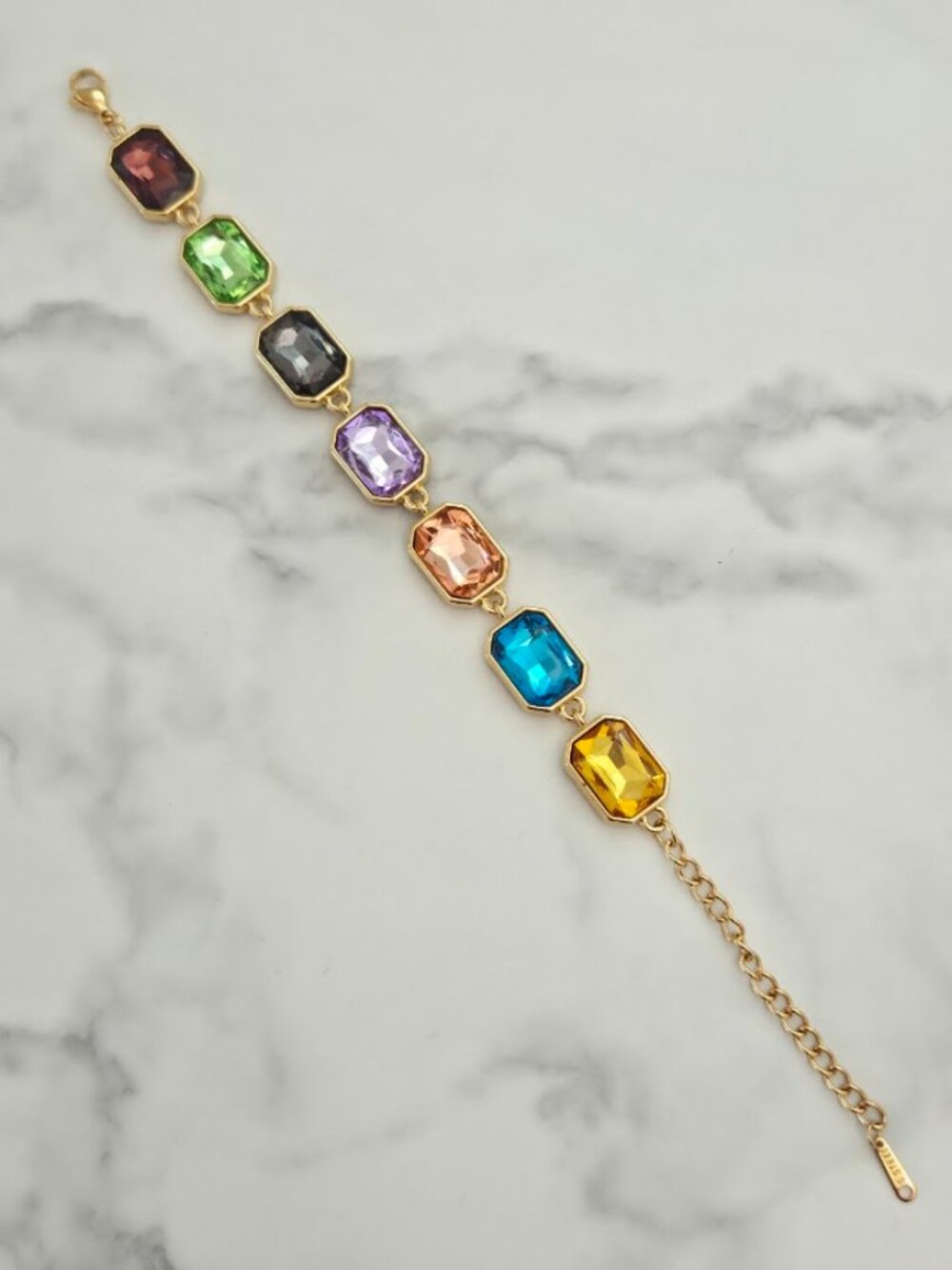 Multicolor Emerald Cut Crystal Gold Tone Bracelet Adjustable Statement Jewelry